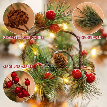 TETOU 5.9FT Christmas Garland Artificial Norfolk Smokey Pine Red Berry Garland with Lights Home Fireplace Decor