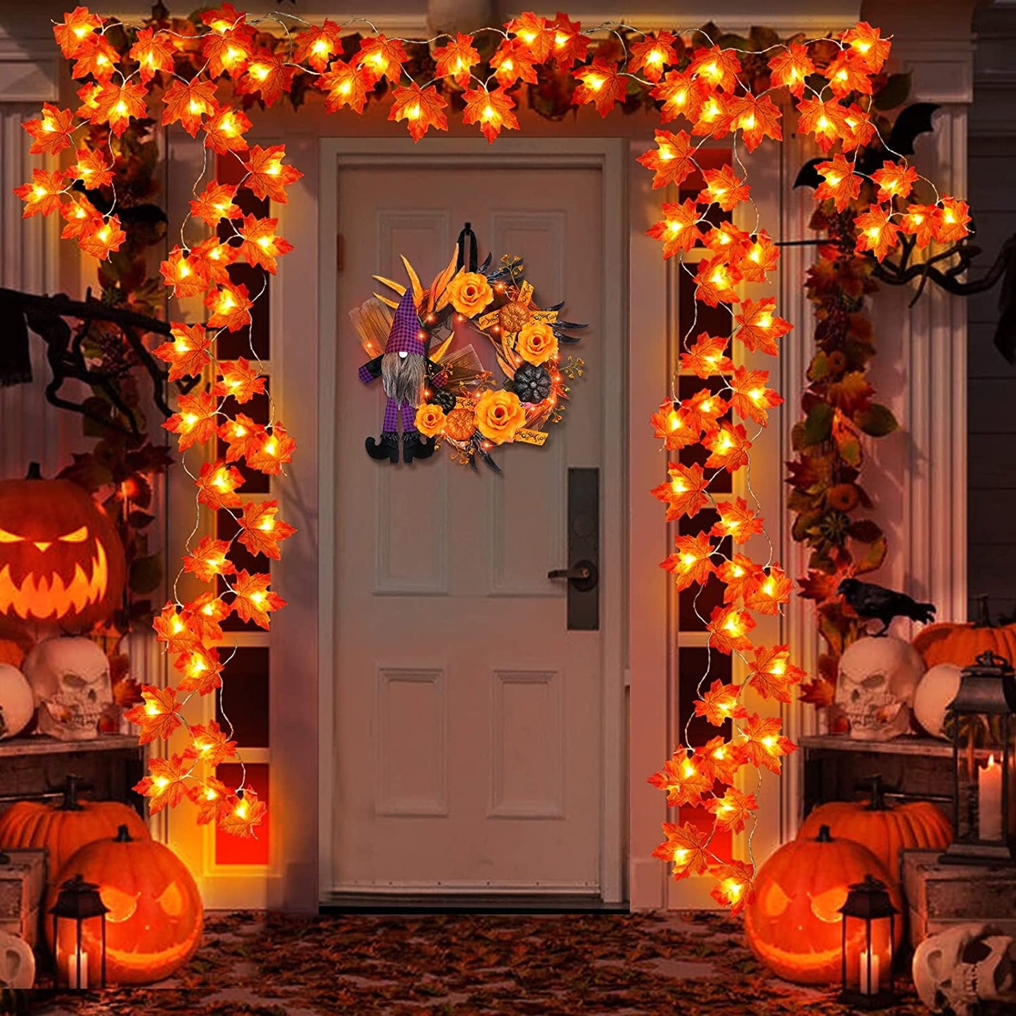 TETOU 2pcs Maple Leaves String Light 20Ft 40Led in total Orange Maple Garland Fall Thanksgiving Decoration