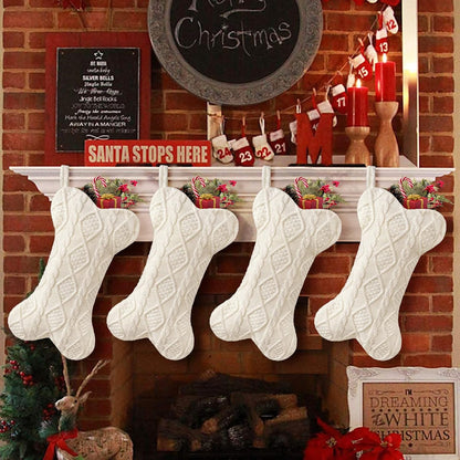 TETOU Dog Christmas Stocking, Bone Shape Knit Stocking, Xmas Dog Stocking, Hanging Christmas Decoration for Dogs Cats Pets Xmas Holiday Indoor Party-White