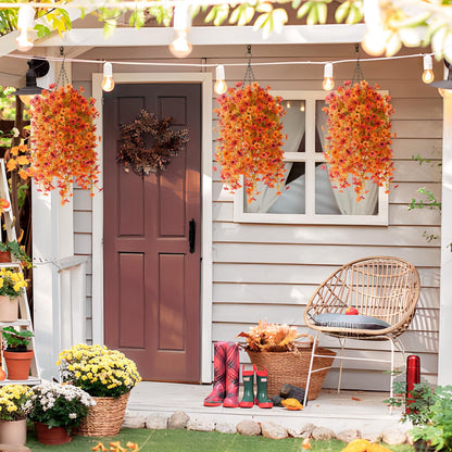 TETOU Artificial Hanging Flowers for Outdoor,2 Pcs UV Resistant No Fade Fake Silk Daisy Flower for Fall Thanksgiving Outside Planter Front Door Garden Farmhouse Decoration(Orange Autumn Red)
