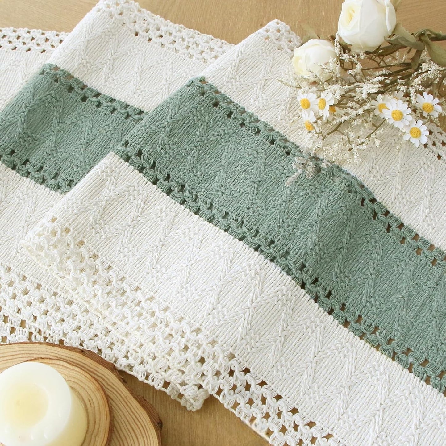 TETOU Sage Green Table Runner with Tassels 72 Inches Long Boho Macrame Farmhouse Table Runners for Home Decor Party Bohemian Rustic Bridal Shower Dining Decorations(12x72 Inches)