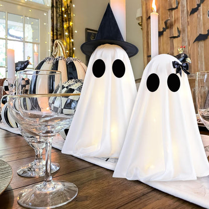 TETOU 2pcs Halloween Scary White Ghost Decor , Light Up DIY Scary White Ghost with Timer for Halloween Indoor Home Tabletop Mantel Decorations