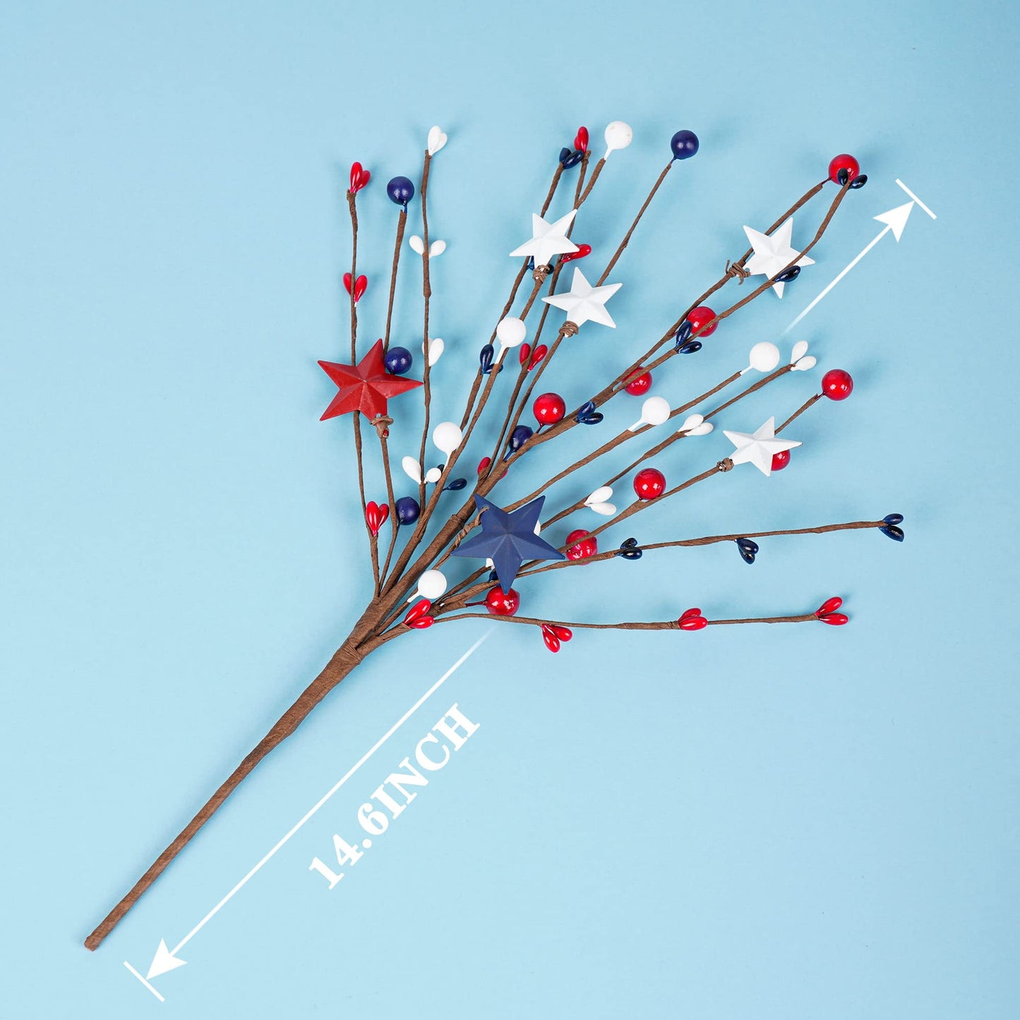 TETOU 4th of July Patriotic Artificial Berry Stem Picks, 4pcs 14.6" White Blue Red Stars Faux Berry Branches for Independence Day Home Office Restaurant Vase Patriotic Decorations