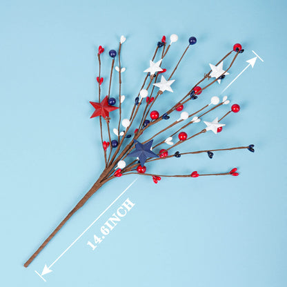 TETOU 4th of July Patriotic Artificial Berry Stem Picks, 4pcs 14.6" White Blue Red Stars Faux Berry Branches for Independence Day Home Office Restaurant Vase Patriotic Decorations