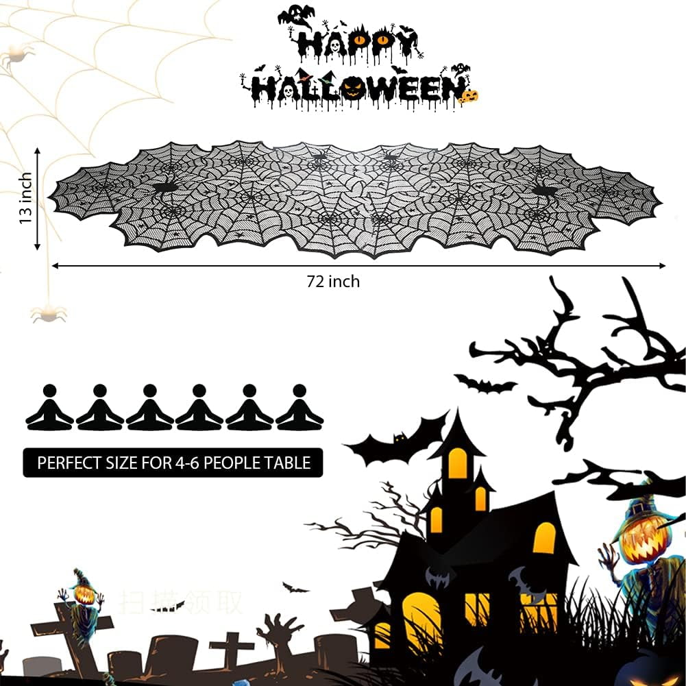 TETOU 13 x 72Inch Halloween Table Runner,Black Lace Spider Web Gothic Table Runners for Halloween Party Dinner Table Decoration