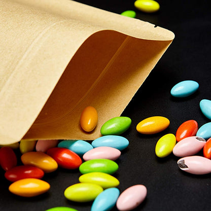 TETOU 100pcs Resealable bags 3.5*5.5" Stand Up Kraft Paper Bags Zip Lock Food Storage Bags for Packaging Products