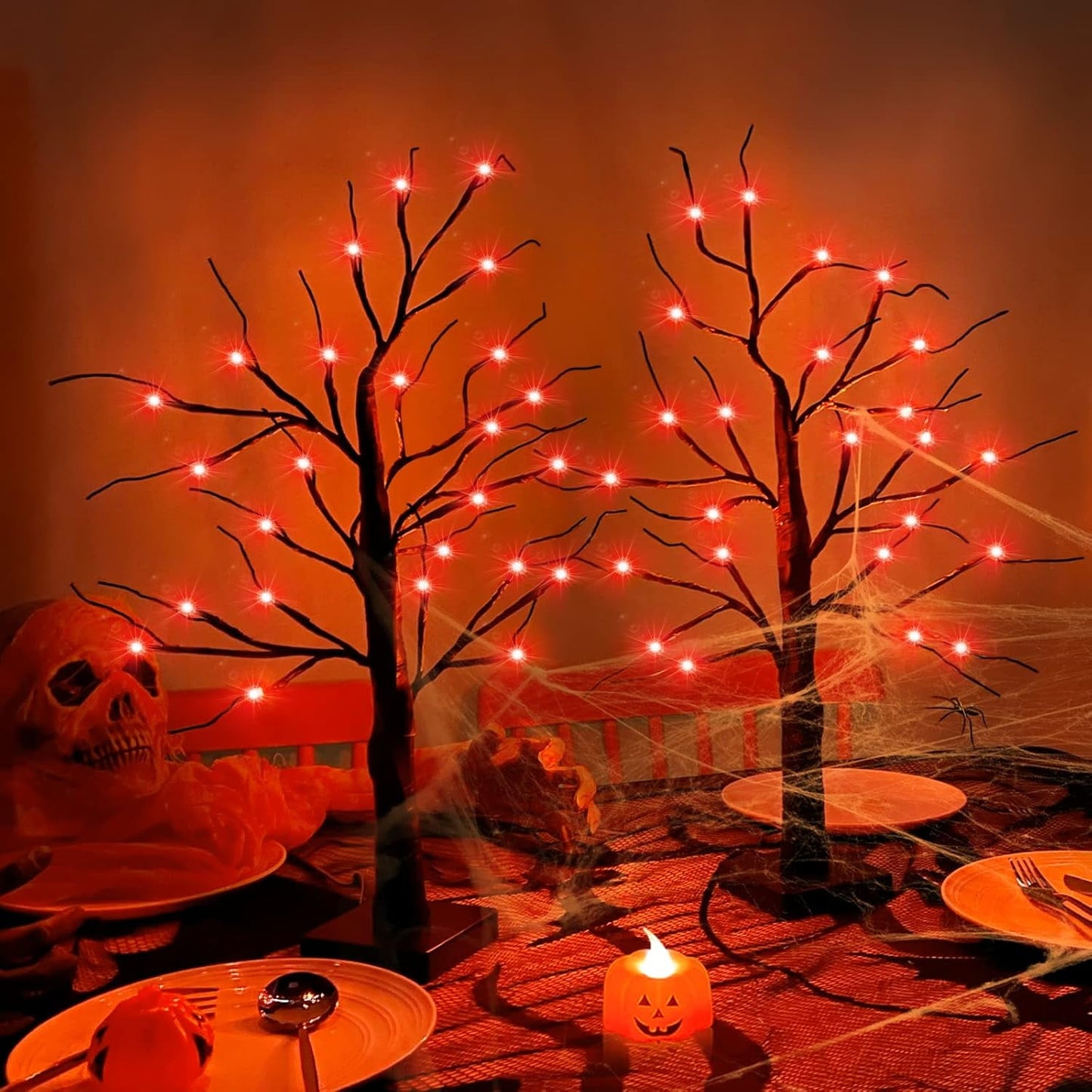TETOU 2pcs-24inch Halloween Lighted Birches Tree,Total 24 LED Battery Operated Artificial Black Spooky Tree with Timer Hallowe'en Decoration for Fall Home,Bedroom,Office,Wedding,Indoor Party-Orange