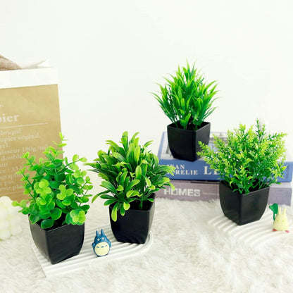 TETOU 4Pcs Fake Plants in Black Pot, Mini Artificial Eucalyptus Potted Plant Small Faux Grass Greenery Potted Plants for Indoor Home Office Farmhouse Bathroom Table Decoration
