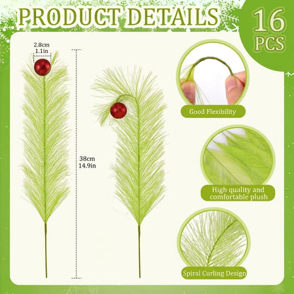 TETOU 16 Pcs Christmas Tree Topper,17'' Red Green Curly Stems Christmas Tree Ornaments for Christmas Tree Home Office Wreath Craft Decorations