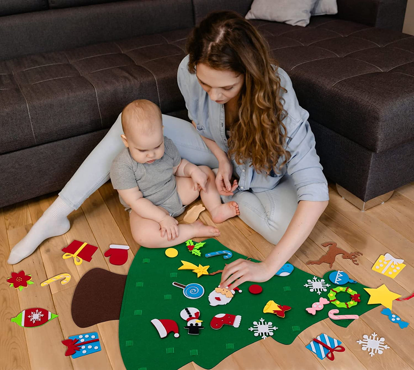 TETOU 3Ft DIY Felt Christmas Tree Set, 32 Ornaments Felt Xmas Tree Set with Led String Light Snowman Advent Calendar for Christmas Kids Gift Indoor Wall Hanging Decorations