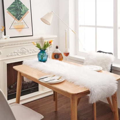 TETOU 13.8"x59.1" Faux Fur Table Runner,Modern White Dresser Table Runners for Bedroom Holiday Christmas Parties Thanksgiving Friendsgiving Weddings Birthdays