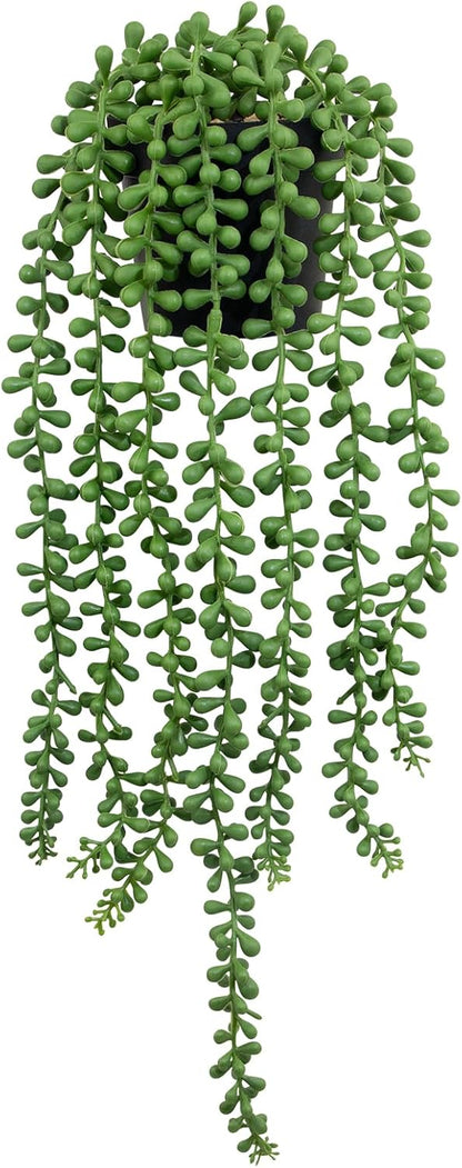 GUISANTO Fake Plants Indoor Artificial String of Pearls Plant in Black Pots, Realistic Green Faux Succulent Hanging Plants for Shelf Decor Desk Home Garden Decorations