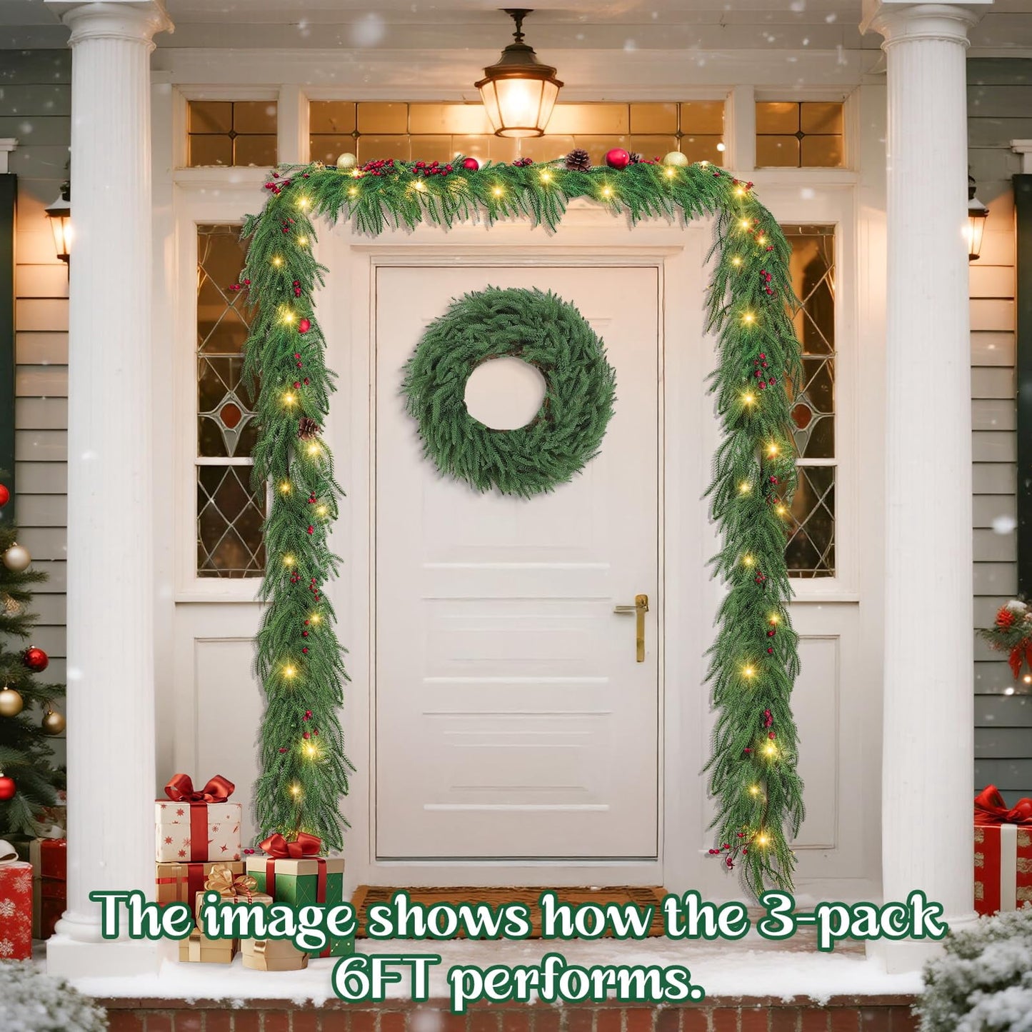 TETOU 6ft Norfolk Pine Garland Christmas Garlands with Warm White LED Lights Faux Greenery Pine Garland for Holiday Decor