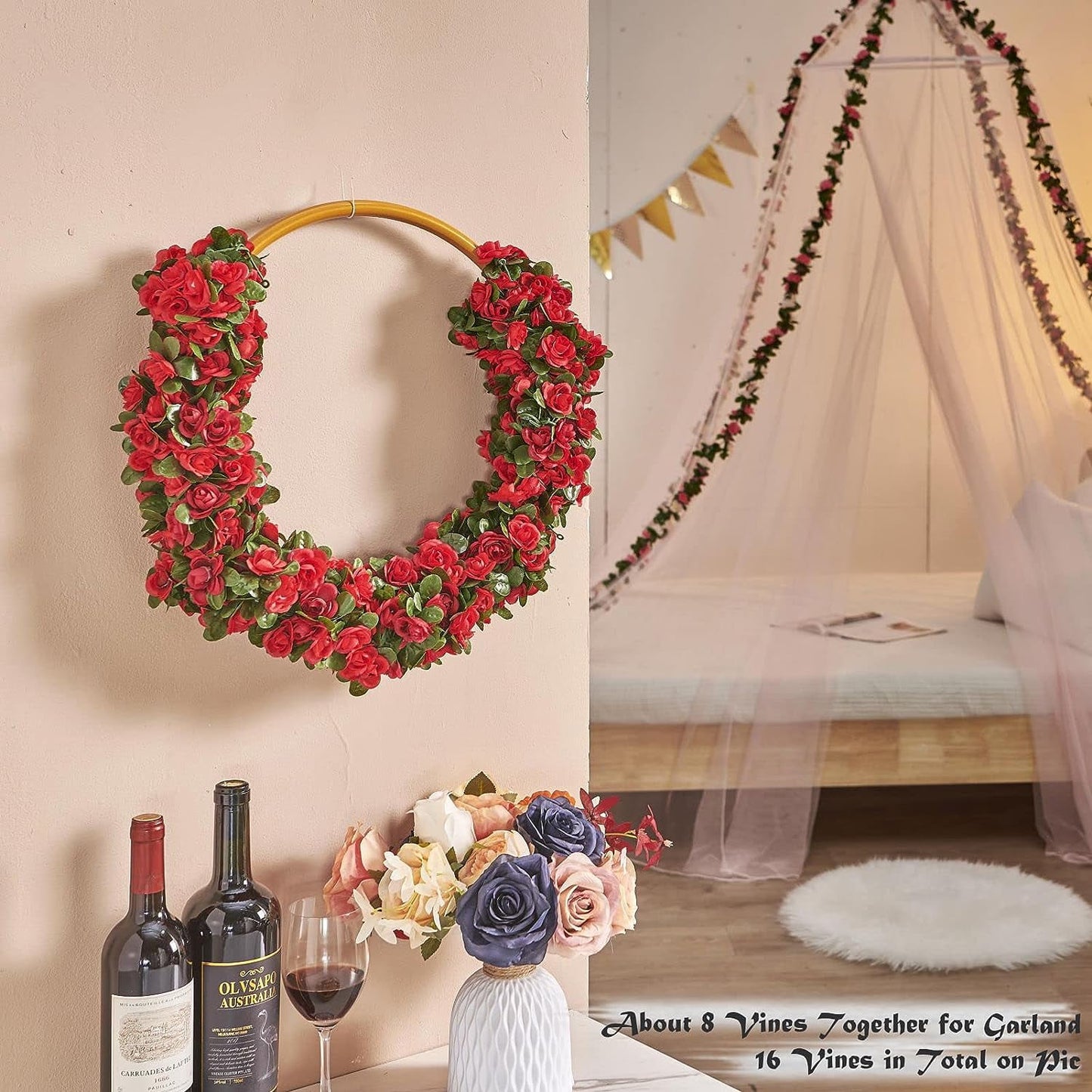 TETOU 6pcs Flower Garlands Artificial Rose Vine Flowers with Leaves 66ft Hanging Roses Vine for Room Wedding Birthday Christmas Wall Decor(Red)
