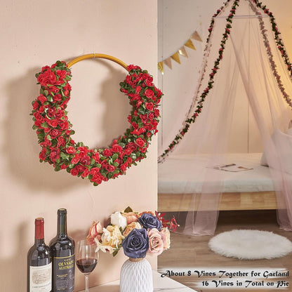 TETOU 6pcs Flower Garlands Artificial Rose Vine Flowers with Leaves 66ft Hanging Roses Vine for Room Wedding Birthday Christmas Wall Decor(Red)