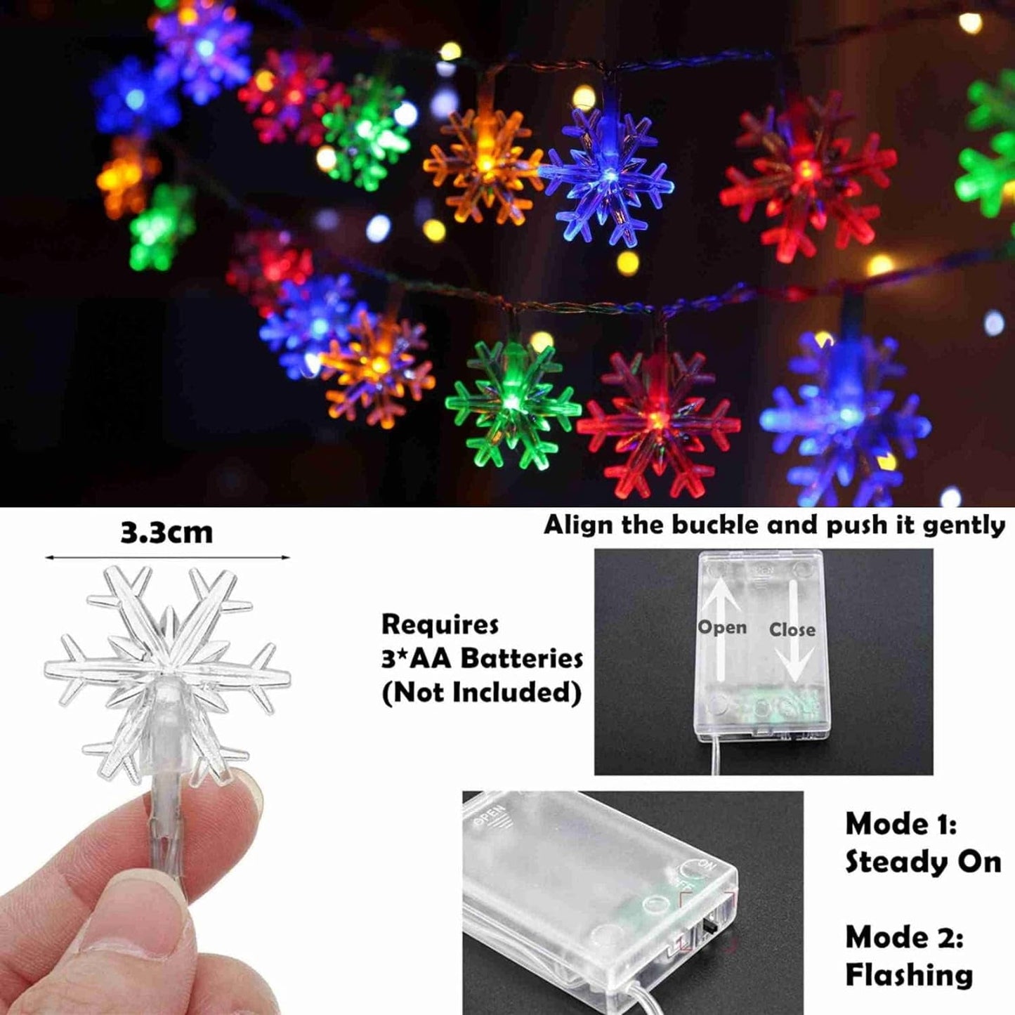 TETOU Christmas Decorations Lights,20 Ft 40 LED Snowflake String Lights Battery Operated Fairy Lights for Bedroom Room Party Home Xmas Tree Indoor Outdoor Decorations (Multi)