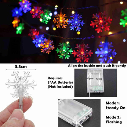 TETOU Christmas Decorations Lights,20 Ft 40 LED Snowflake String Lights Battery Operated Fairy Lights for Bedroom Room Party Home Xmas Tree Indoor Outdoor Decorations (Multi)