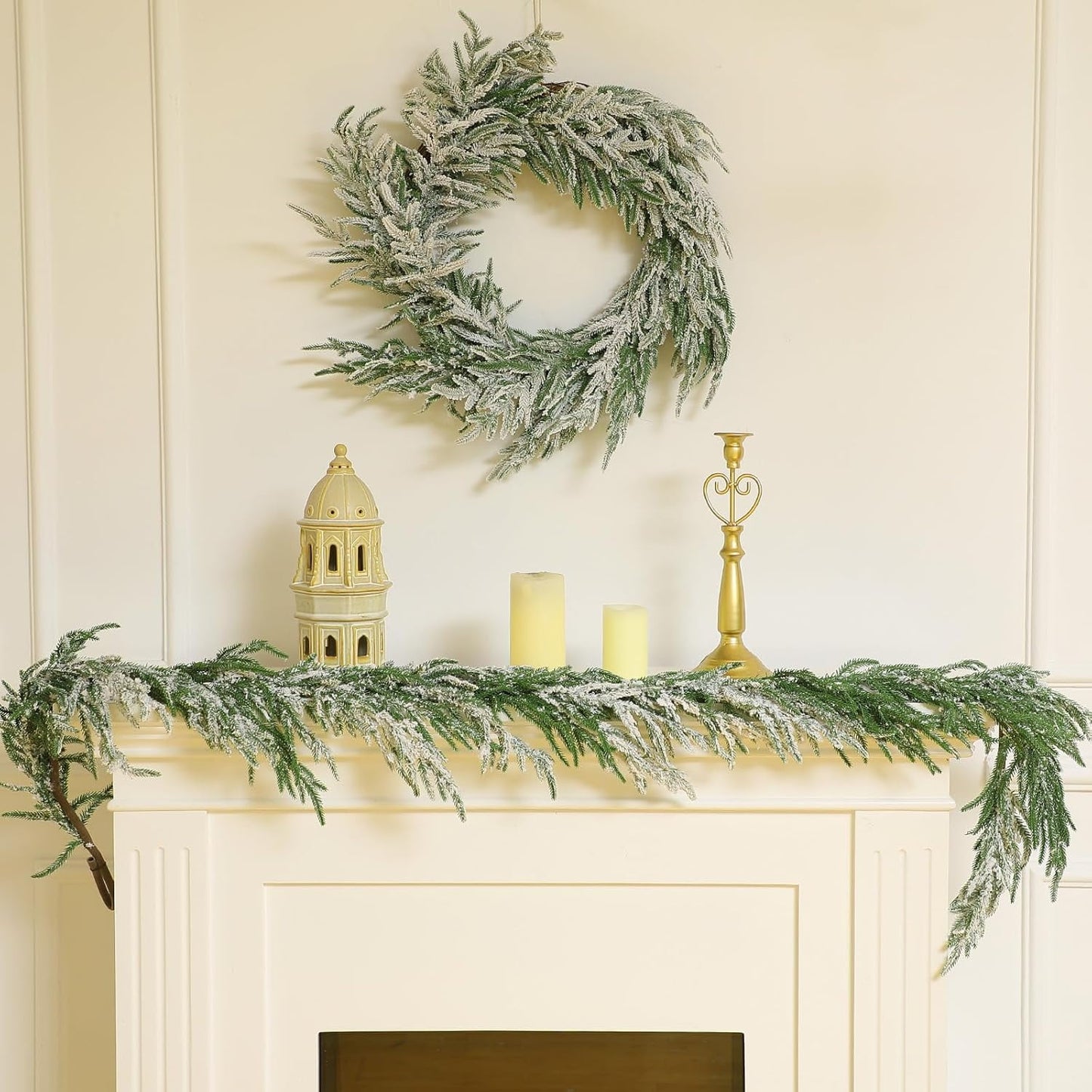 Tetou 6Ft Christmas Norfolk Pine Garland with Snow, Real Touch Cedar Garland, Artificial Greenery Pine Garland for Christmas Decorations Indoor