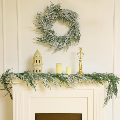 Tetou 6Ft Christmas Norfolk Pine Garland with Snow, Real Touch Cedar Garland, Artificial Greenery Pine Garland for Christmas Decorations Indoor