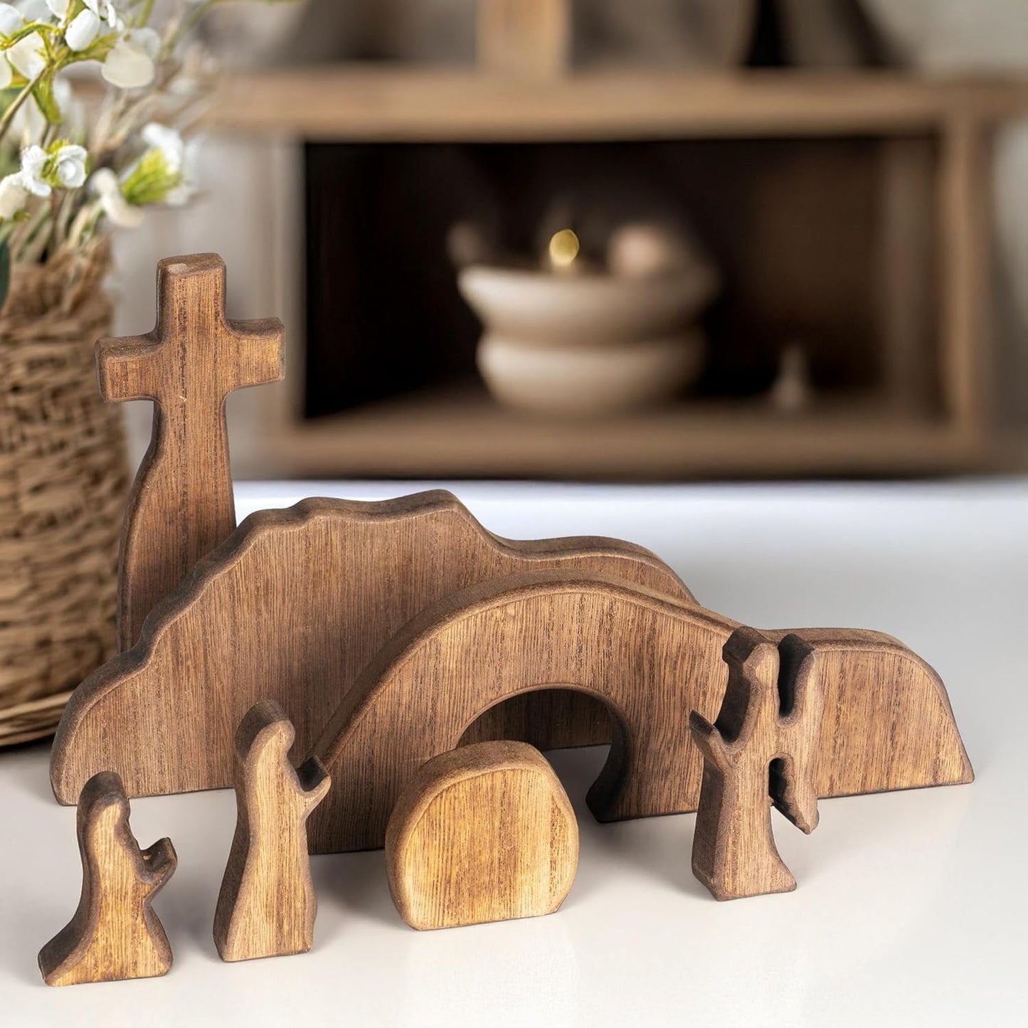 TETOU 7pcs Easter Scene and Cross Decoration, Wooden Easter Resurrection Scene Cross Jesus Tomb Tray Set,Jesus Nativity Scene Decor for Easter Religious Home Office Tabletop Christian Gifts