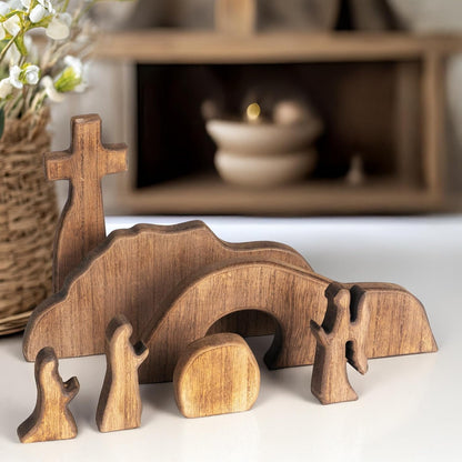 TETOU 7pcs Easter Scene and Cross Decoration, Wooden Easter Resurrection Scene Cross Jesus Tomb Tray Set,Jesus Nativity Scene Decor for Easter Religious Home Office Tabletop Christian Gifts