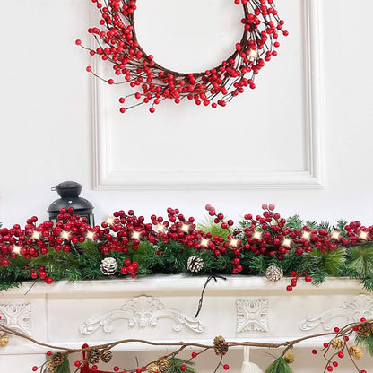 TETOU 5.9ft Christmas Red Berry Garland with Lights DIY Artificial Garland for Indoor Mantle Staircase Home Decoration