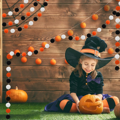TETOU 3 Pack Pom Pom Orange Black White Halloween Garland,Ornament String Banner Felt Ball Garland Halloween Thanksgiving Party Decor