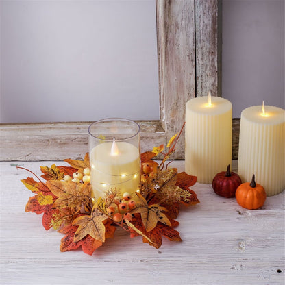 TETOU 2Pcs Artificial Maple Leaves Candle Rings Berry Wreaths for Pillar Candle Holder, Thanksgiving Candle Rings Wreath for Autumn Thanksgiving Wedding Home Door Tabletop Decoration - Orange