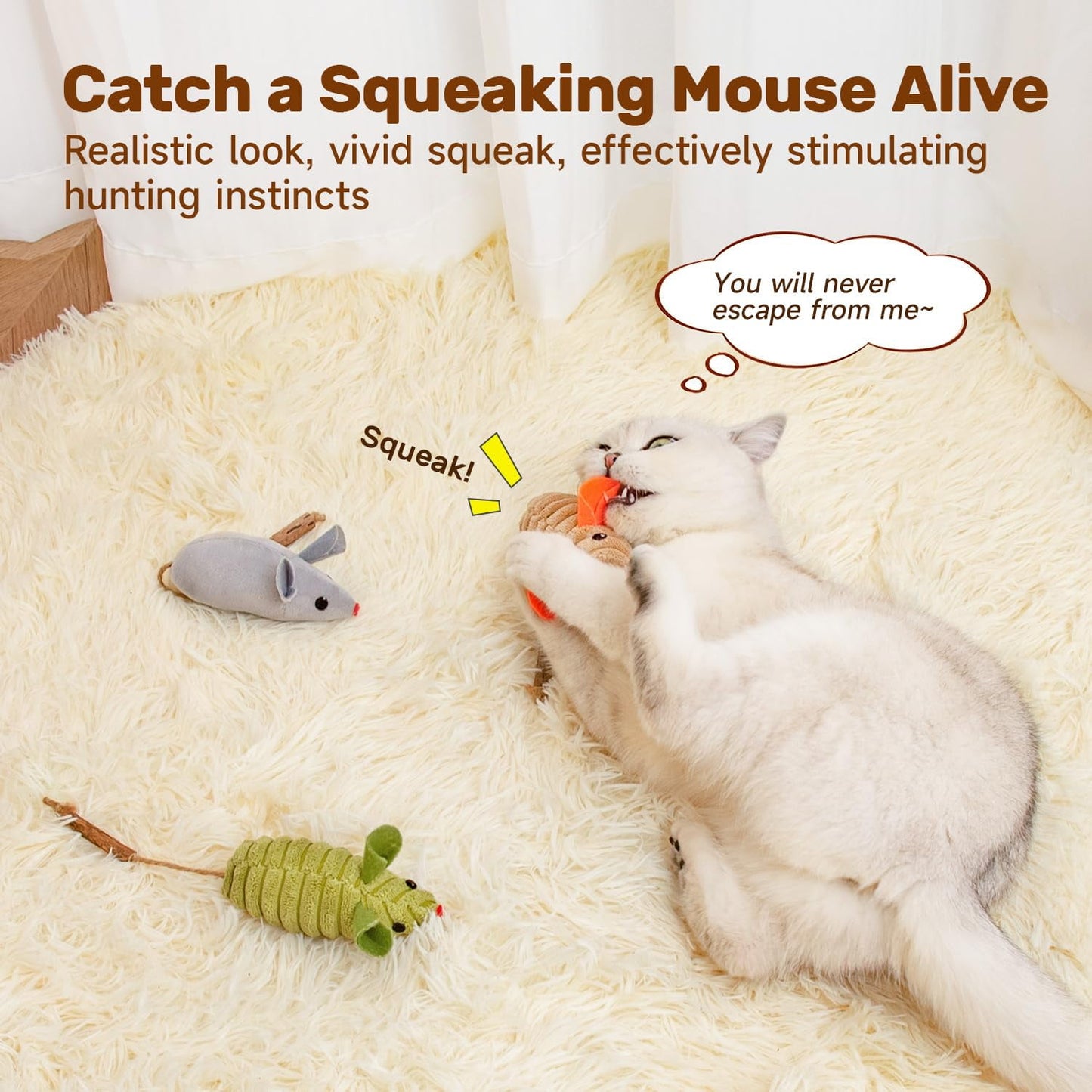 TETOU 3pcs Cat Toys Squeak Mice Interactive Catnip Silvervine Animals Toys for Indoor Kitten Cat Chew Exercise Toys