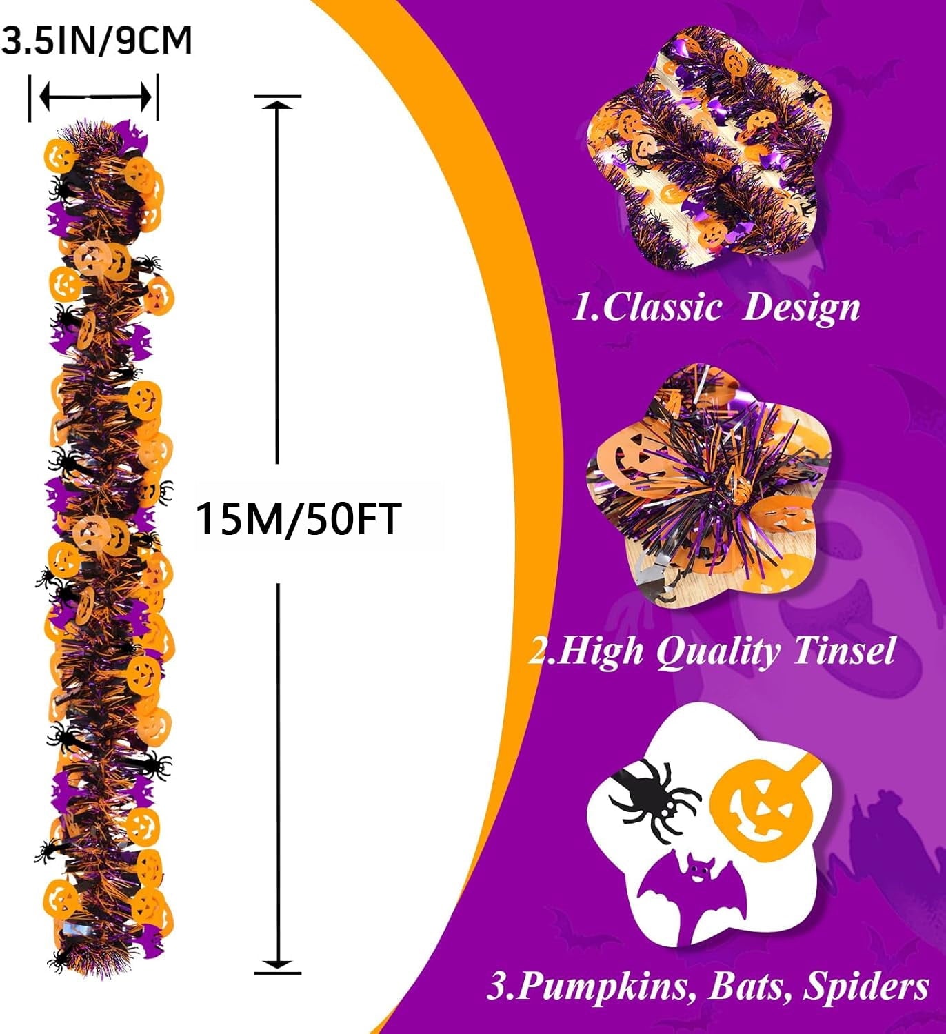 TETOU Halloween Garland Decor,50Ft Orange Black Purple Glitter Tinsel Fall Garland for Tree Home Fireplace Halloween Party Indoor Outdoor Decoration