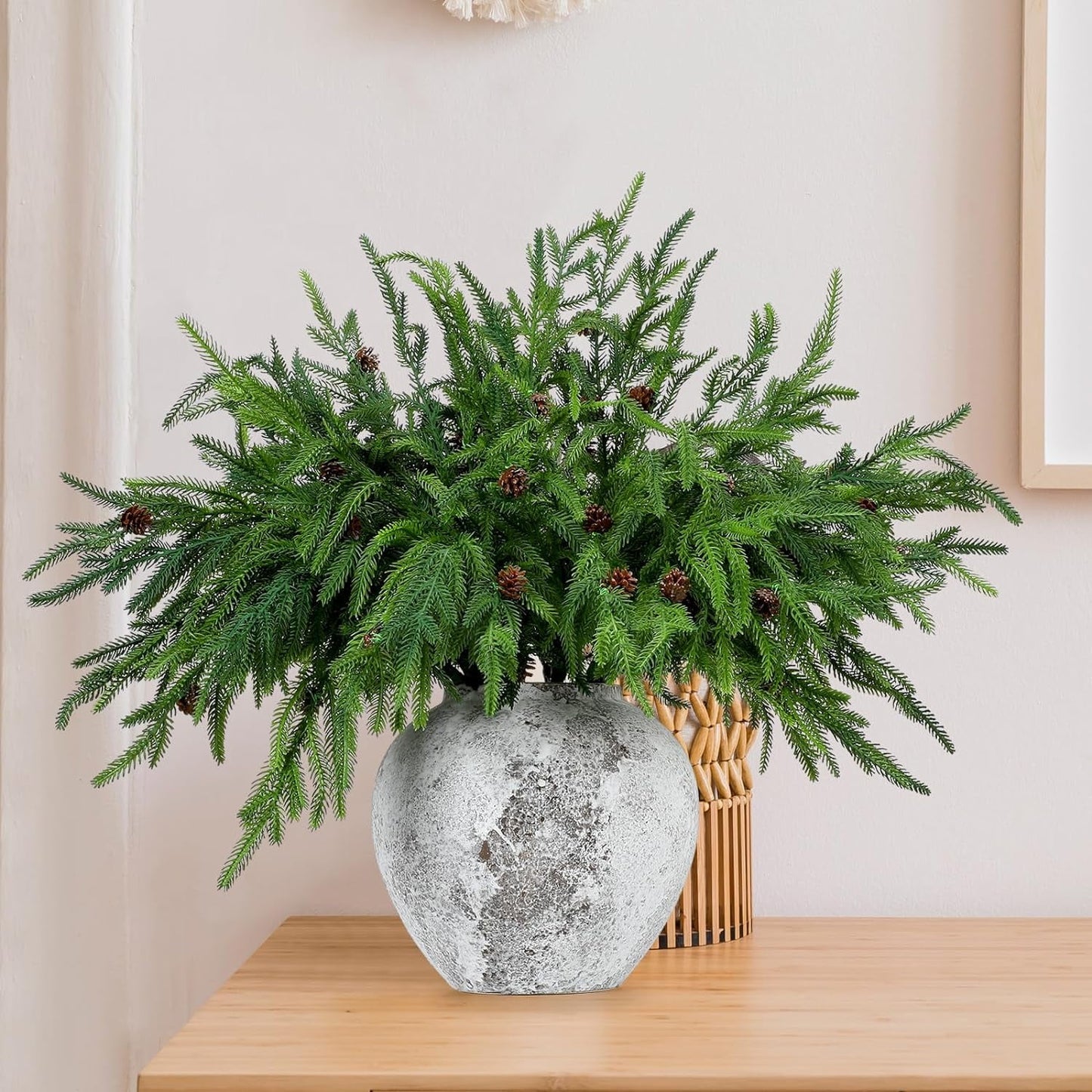 TETOU 6Pcs Norfolk Pine Branches with Pine Cones, 17.8"/45cm Artificial Xmas Norfolk Pine Branches for Christmas Indoor Outdoor Home Decor