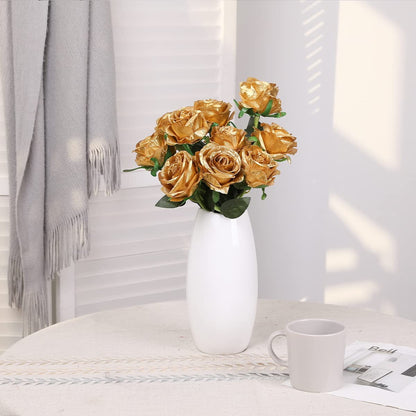 TETOU Gold Rose 10pcs Artificial Rose Flowers Silk Roses Real Touch for Party Bridal Wedding Bouquet Decor