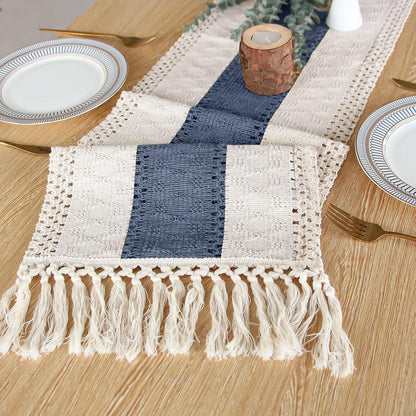 TETOU Boho Blue Table Runner with Tassels 72 Inches Long Macrame Farmhouse Table Runners for Home Decor Party Bohemian Rustic Bridal Shower Dining Decorations(12x72 Inches)
