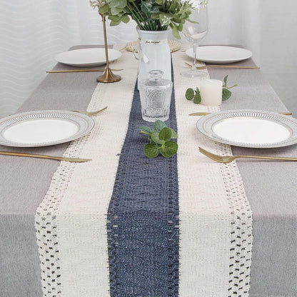 TETOU Boho Blue Table Runner with Tassels 72 Inches Long Macrame Farmhouse Table Runners for Home Decor Party Bohemian Rustic Bridal Shower Dining Decorations(12x72 Inches)