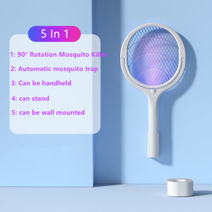 TETOU 1 Pack Electric Fly Swatter Racket Rotating Head USB Rechargeable Electric Racket Mosquito Kill Fruit Fly Trap Racket Wasp Kill Indoor