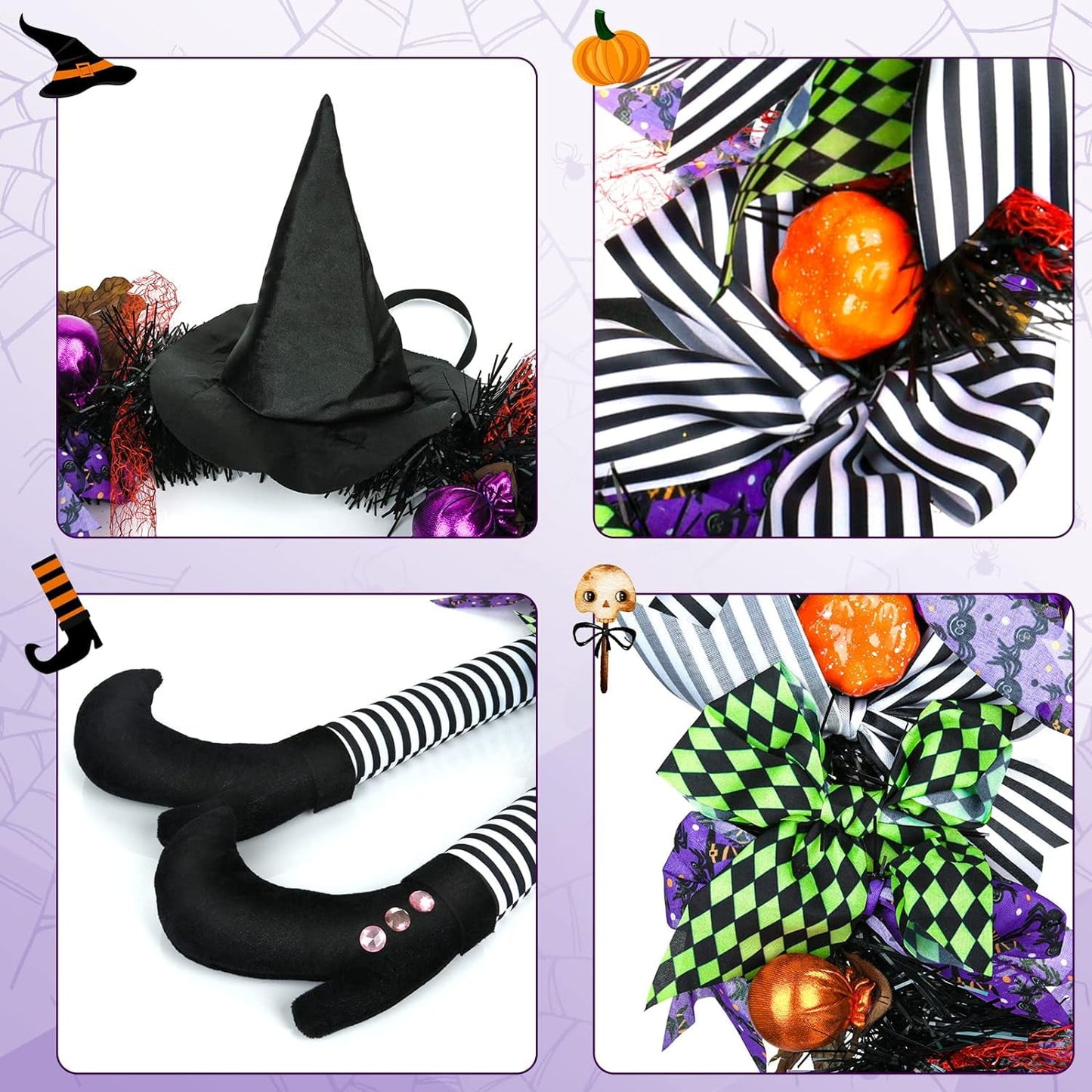 TETOU Halloween Wreaths for Front Door, 27" Witch Wreath Halloween Costumes, Autumn Door Wreath Witch's Hat and Legs Pumpkin Hallowe'en Indoor & Outdoor Wall Decor