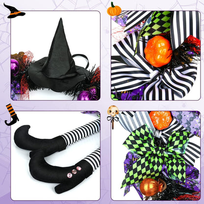 TETOU Halloween Wreaths for Front Door, 27" Witch Wreath Halloween Costumes, Autumn Door Wreath Witch's Hat and Legs Pumpkin Hallowe'en Indoor & Outdoor Wall Decor