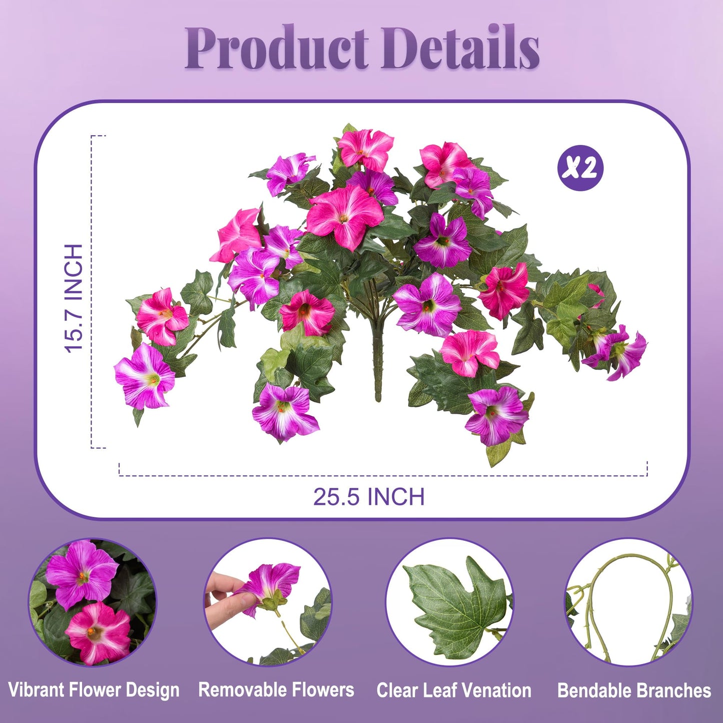 TETOU 2Pcs Artificial Fake Flowers , Faux Petunias Silk Flower UV Resistant No Fade for Spring Home Garden Balcony Yard Porch  Indoor Outdoor Decoration(Fuchsia Lotus)