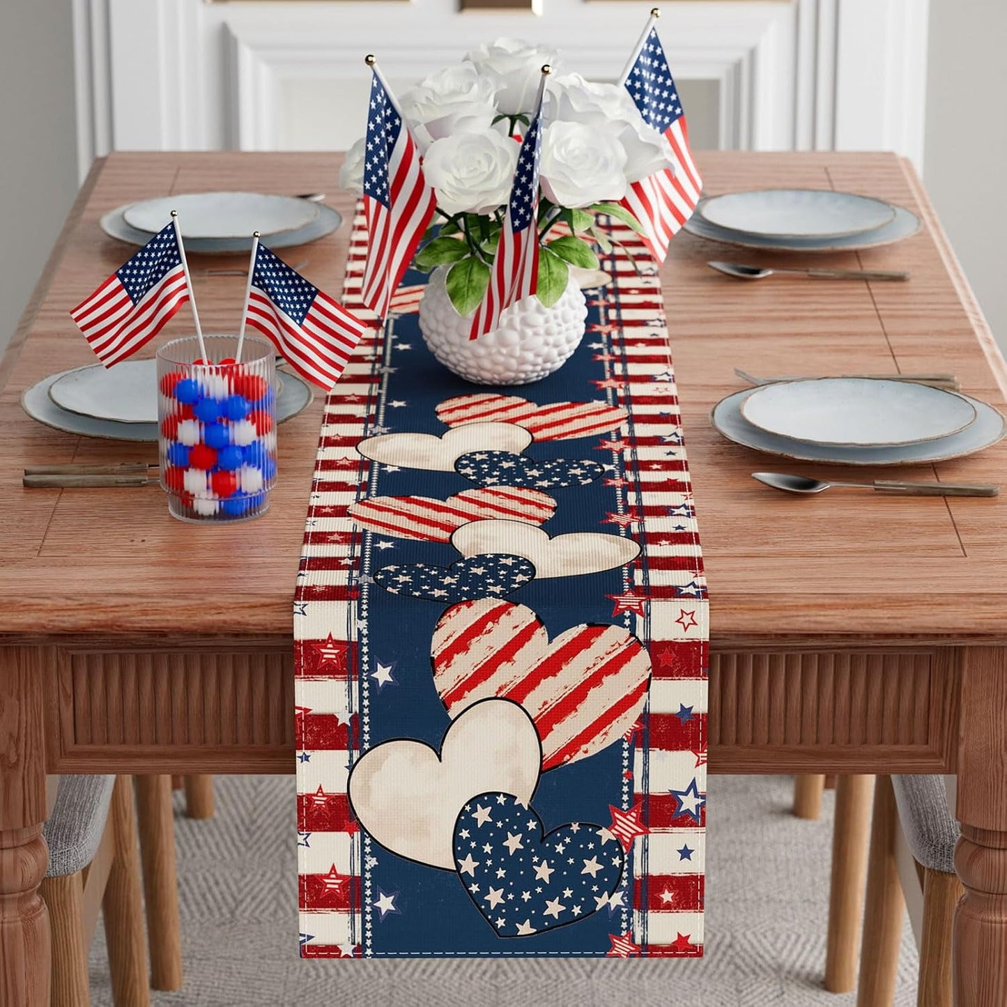 TETOU Heart Stripe Stars 4th of July Table Runner,13x72 Inch Memorial Day Independence Day Patriotic America Cloth Table Decoration Home Kitchen Dining Indoor Holiday Farmhouse Decor
