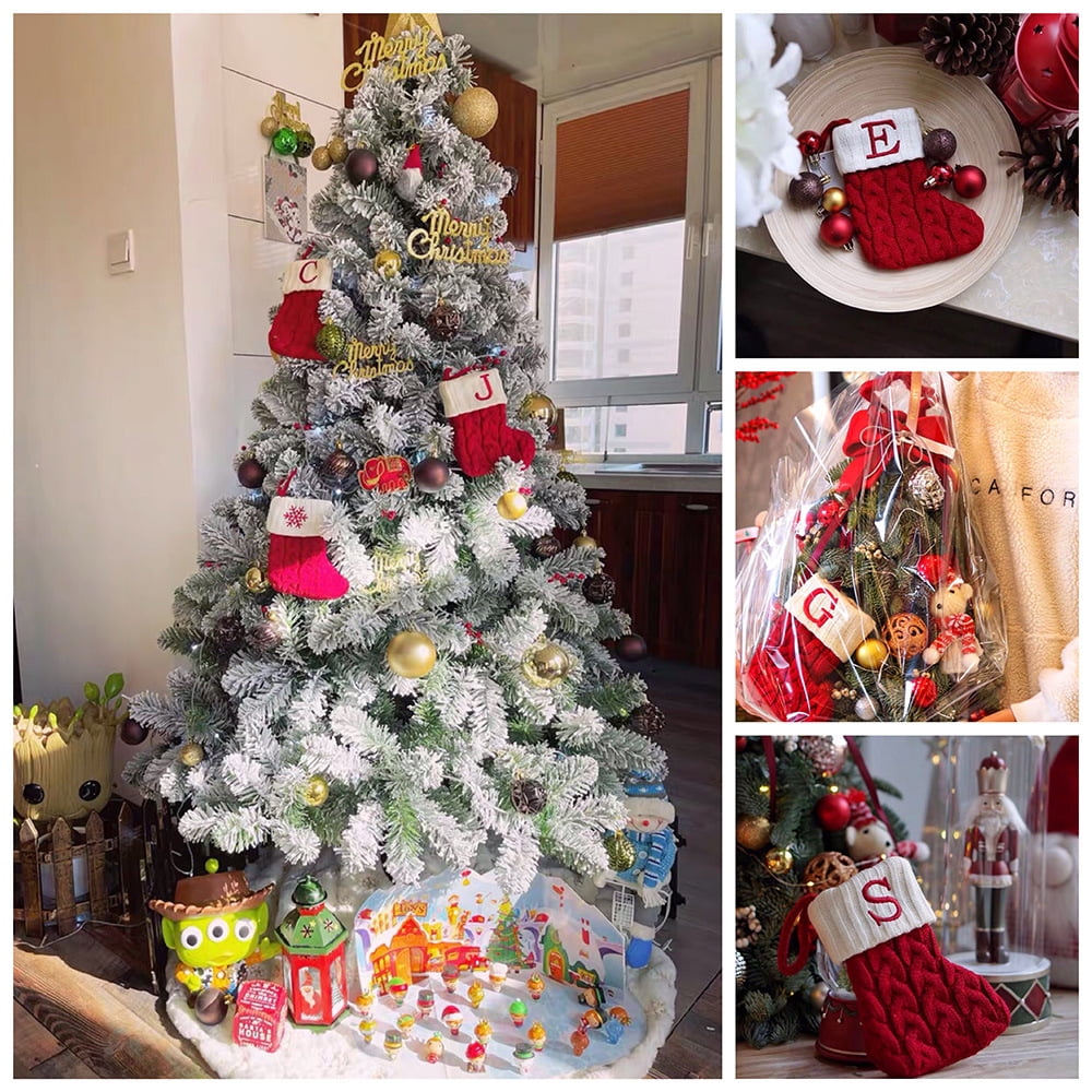 TETOU Christmas Stocking with Letter Mini Cute Red Knitted Christmas Stocks Gift Bags Pendant Christmas Tree Decor