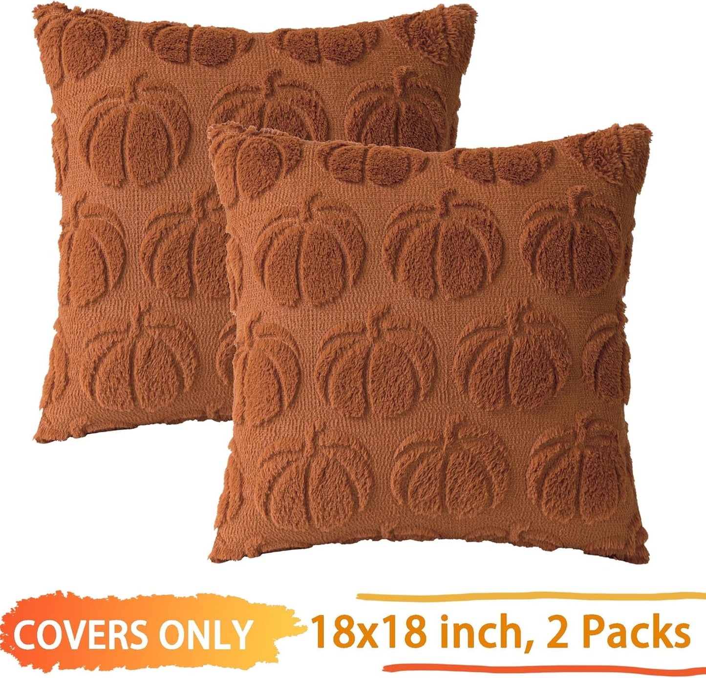 TETOU Fall Pillow Covers,18"x18"Set of 2 Fall Rust Red Pumpkin Pillow Cases,Soft Faux Fur Wool Couch Cushion for Sofa Bedroom Living Room Home Farmhouse Fall Halloween Thanksgiving Decor
