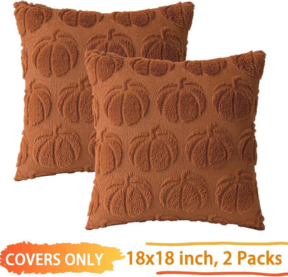 TETOU Fall Pillow Covers,18"x18"Set of 2 Fall Rust Red Pumpkin Pillow Cases,Soft Faux Fur Wool Couch Cushion for Sofa Bedroom Living Room Home Farmhouse Fall Halloween Thanksgiving Decor