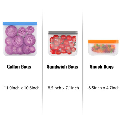 TETOU 10pcs Reusable Food Storage Bags 3 Sizes Silicone Leakproof Freezer Bags for Meat Fruit Vegetable Lunch Travel Storage Bags