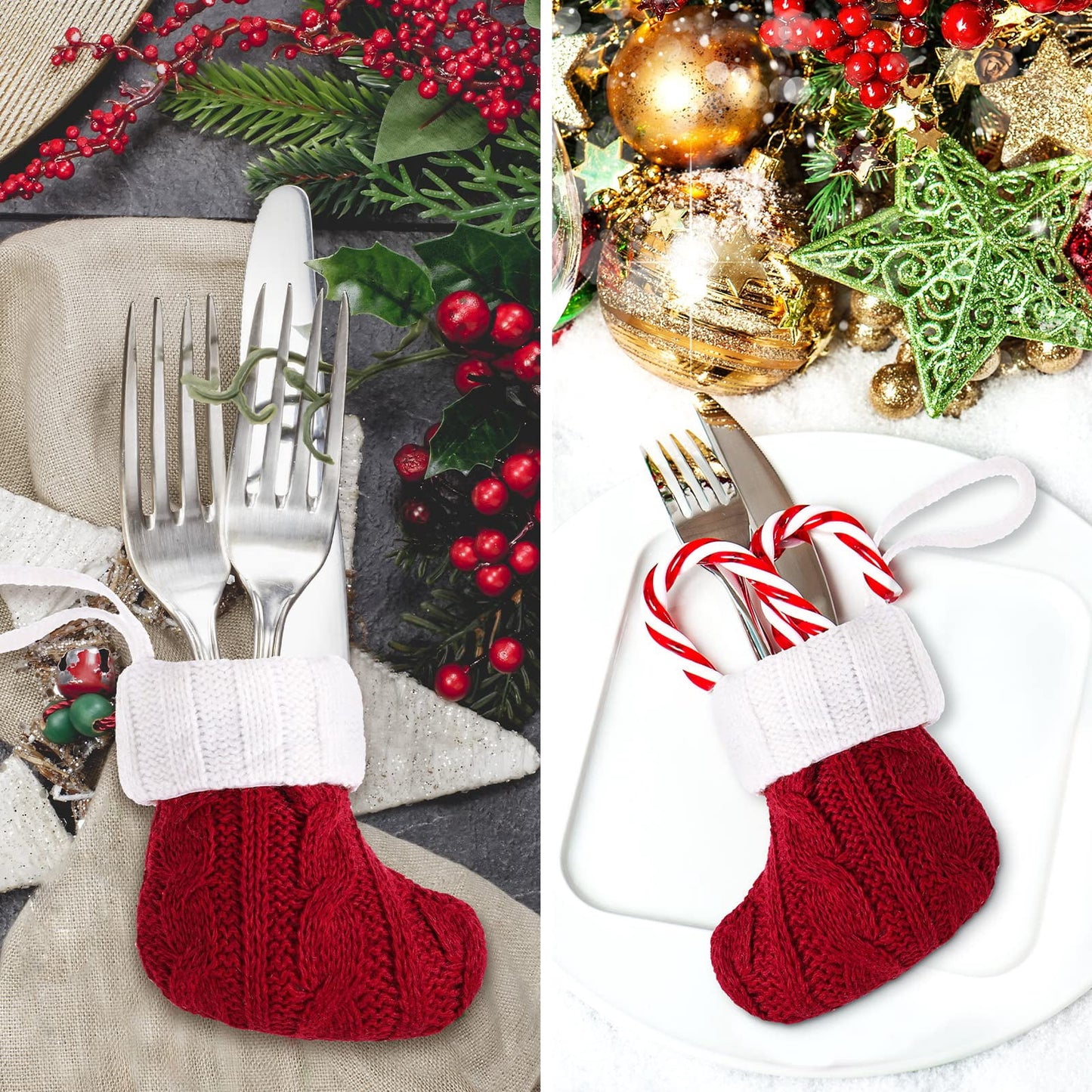 TETOU 6pcs Christmas Mini Stockings Knitted Xmas Classic Small Stocking Fireplace Holiday Hanging Decor
