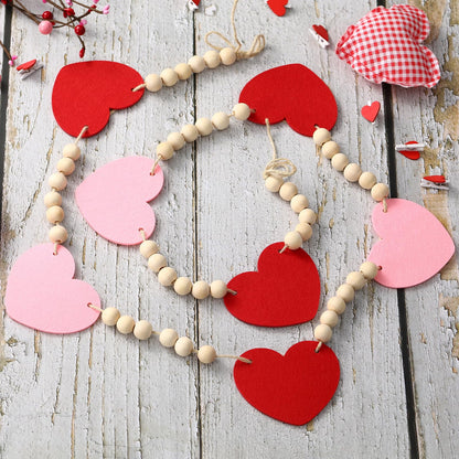 TETOU Valentines Day Decorations Red Pink Felt Heart Wood Beads Valentines Garland 4.5ft Felt Banner Fireplace Mantel Home Decor