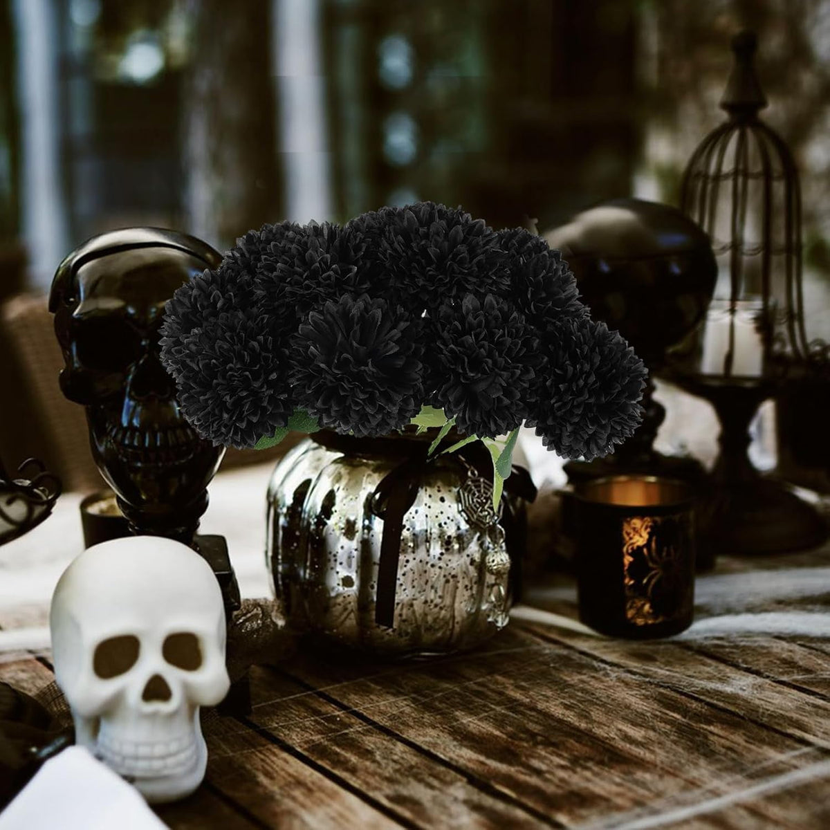 TETOU 12 Pcs Black Artificial Chrysanthemums Flowers,Fake Silk Mums Flowers for Fall Autumn Halloween Home Indoor Floral Arrangement Table Centerpiece Decorations