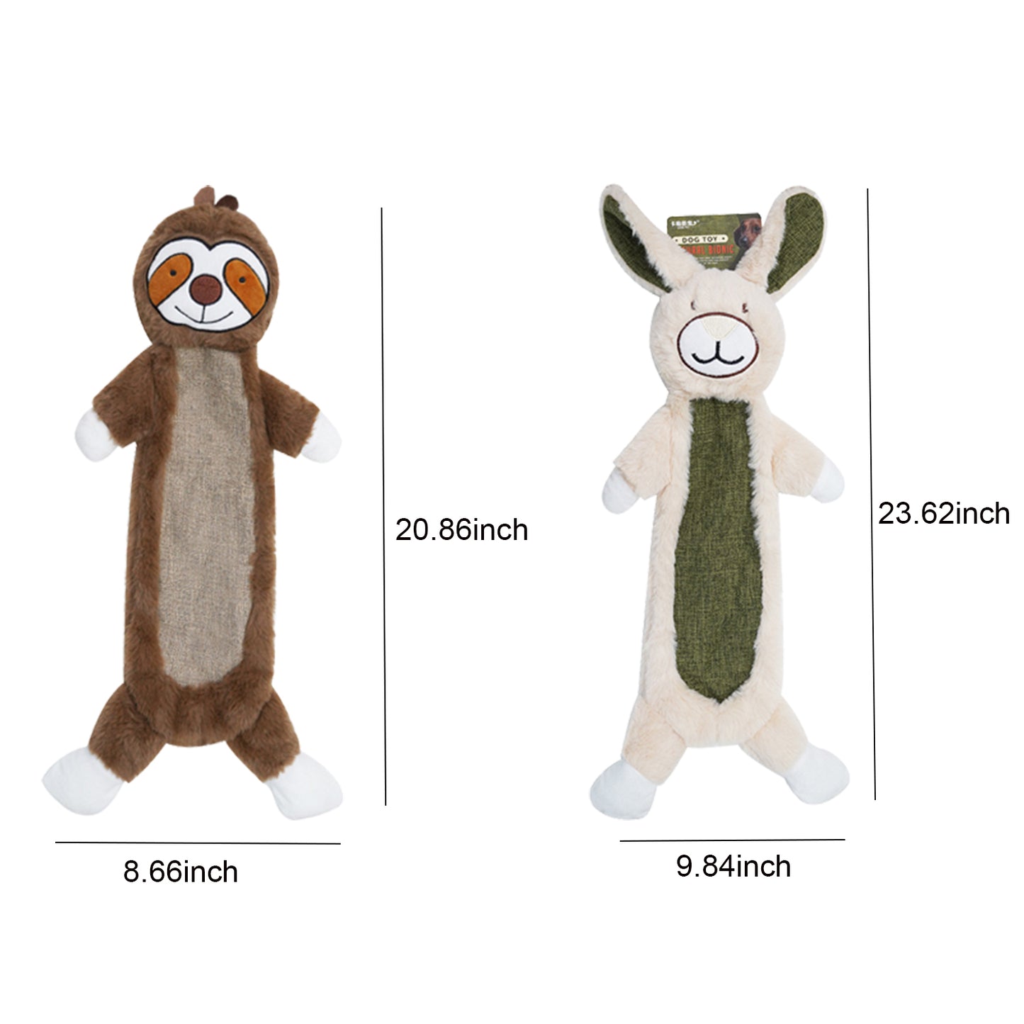 TETOU 2Pcs Dog Chew Toys for Aggressive Chewers,No Stuffing Crinkle Squeaky Dog Toys for Large Medium Puppy (Bunny & Sloth)