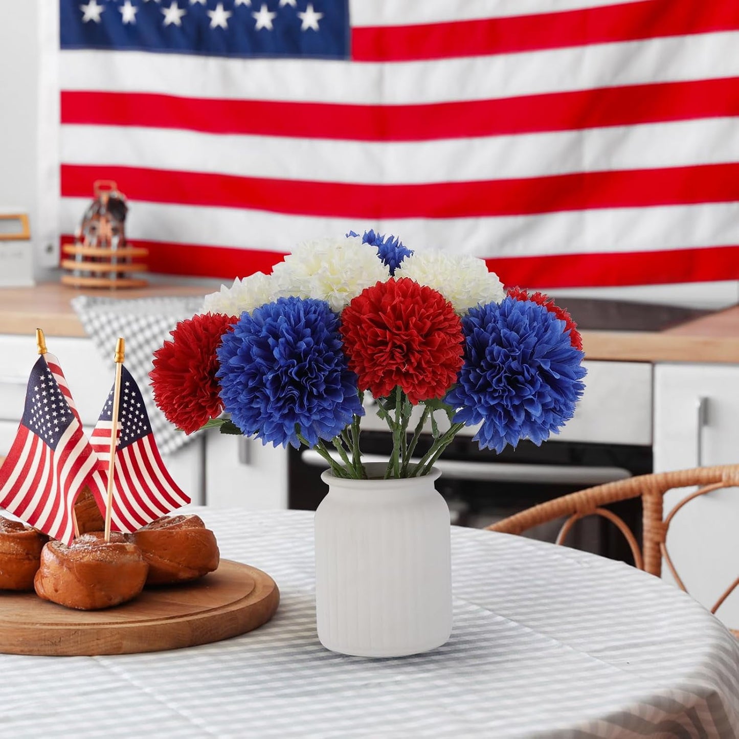 TETOU 12 Pcs Red White Blue Artificial Chrysanthemums Flowers Patriotic Flowers Decor,4th of July Fake Silk Mums Flowers for Home Indoor Patriotic Party Memorial Day Table Centerpiece Decorations