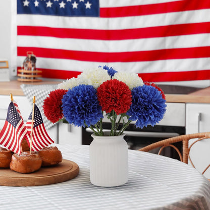 TETOU 12 Pcs Red White Blue Artificial Chrysanthemums Flowers Patriotic Flowers Decor,4th of July Fake Silk Mums Flowers for Home Indoor Patriotic Party Memorial Day Table Centerpiece Decorations