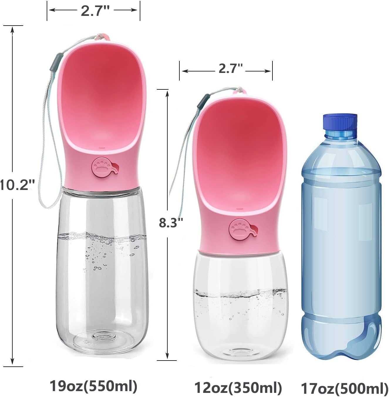 TETOU 8.3*2.7" Dog Water Bottle, 12oz Leak Proof Portable Puppy Water Dispenser with Drinking Feeder for Pets Outdoor Walking Hiking Travel Food Grade Plastic - Pink